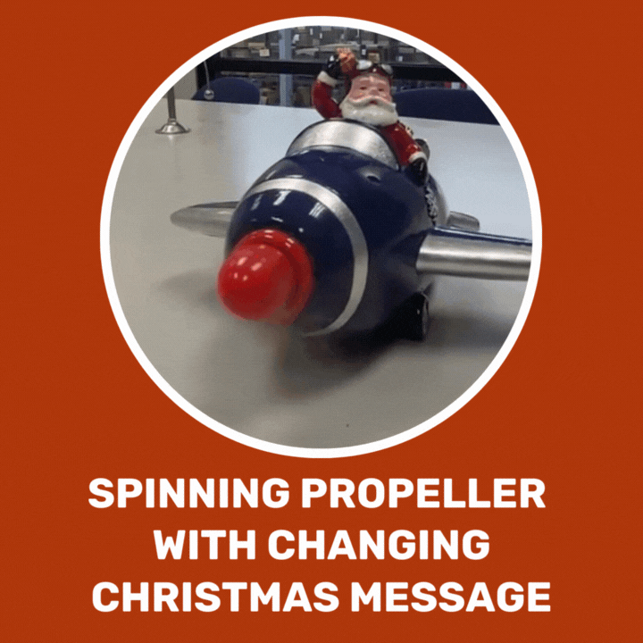 LED Flying Santa showing active Christmas message display